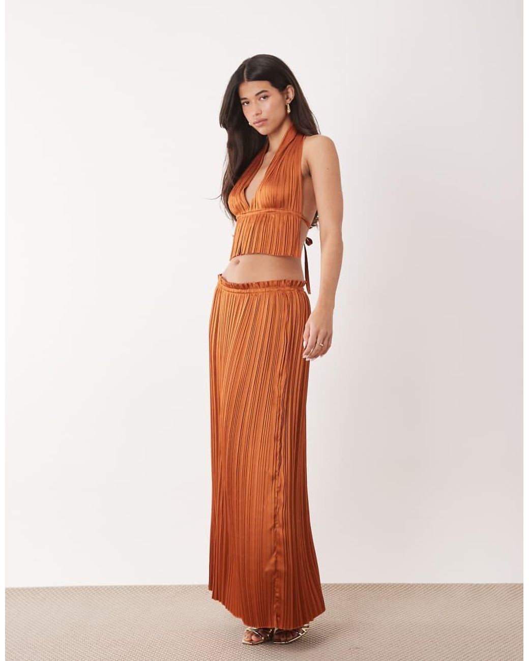 Aria Cove Brown Plisse Halterneck Plunge Open Tie Back Top