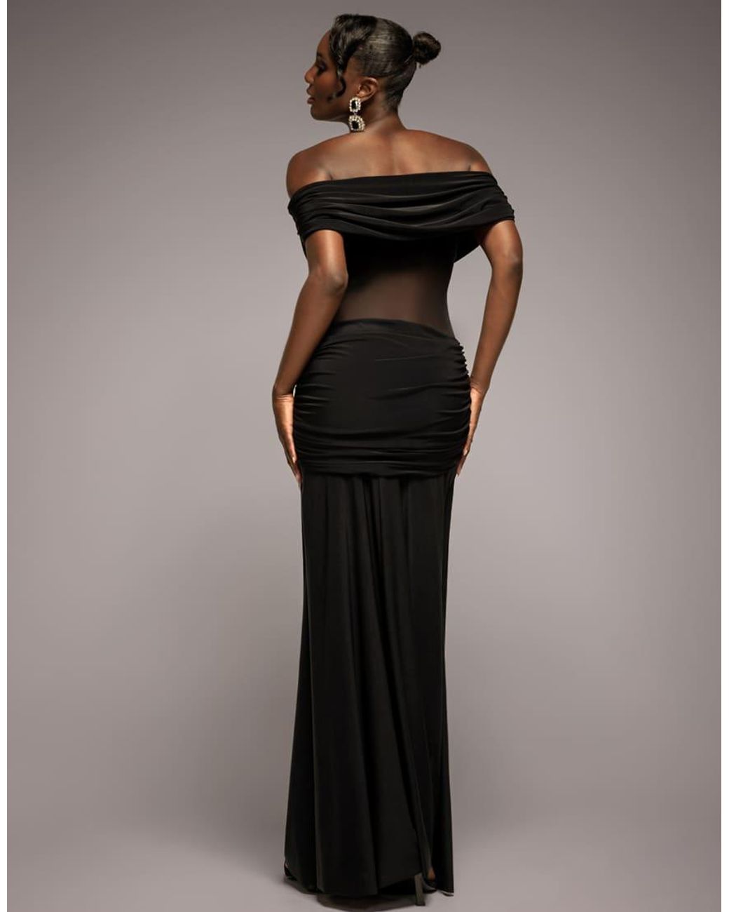 Goddiva Black Gathered Off The Shoulder Mesh Waist Panel Maxi Dress