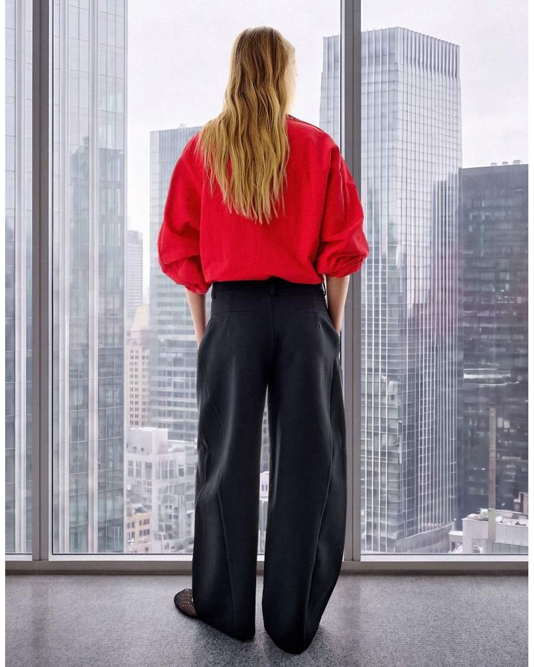 Bershka Blue Petite Double-Fabric Darted Trousers