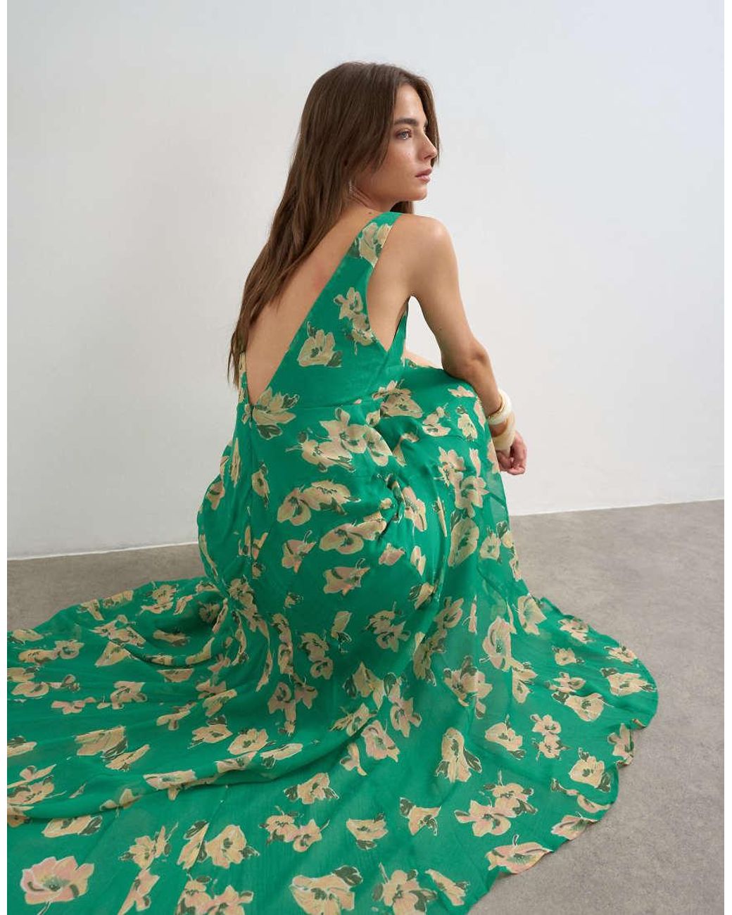 TOPSHOP Green Chiffon Maxi Dress With Seam Detail