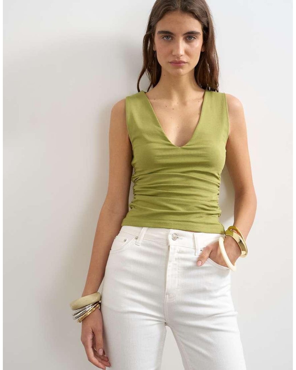 TOPSHOP White V-Neck Ruched Side Tank
