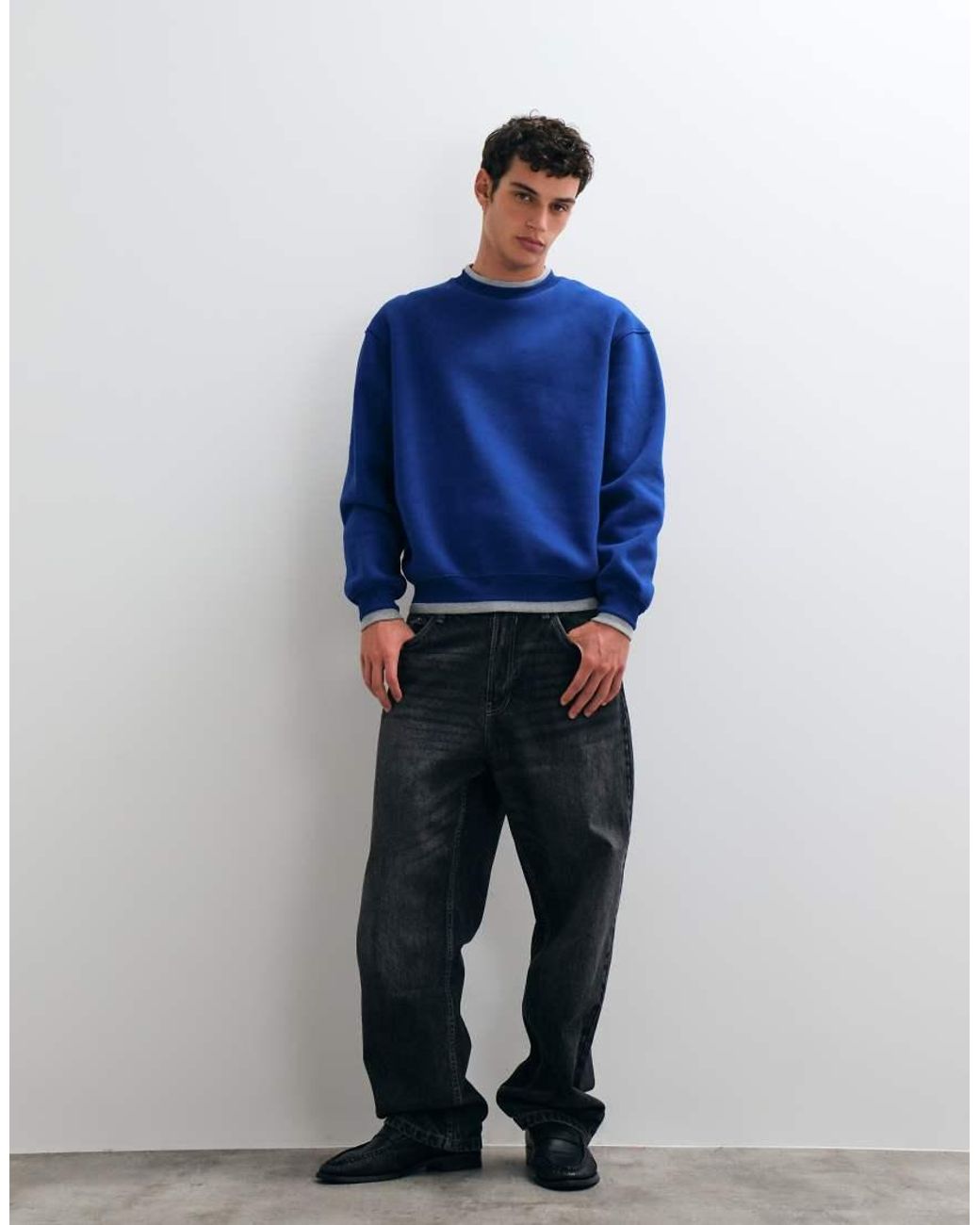 ASOS Blue Relaxed Crew Sweatshirt With Mock Layered Ribs for men