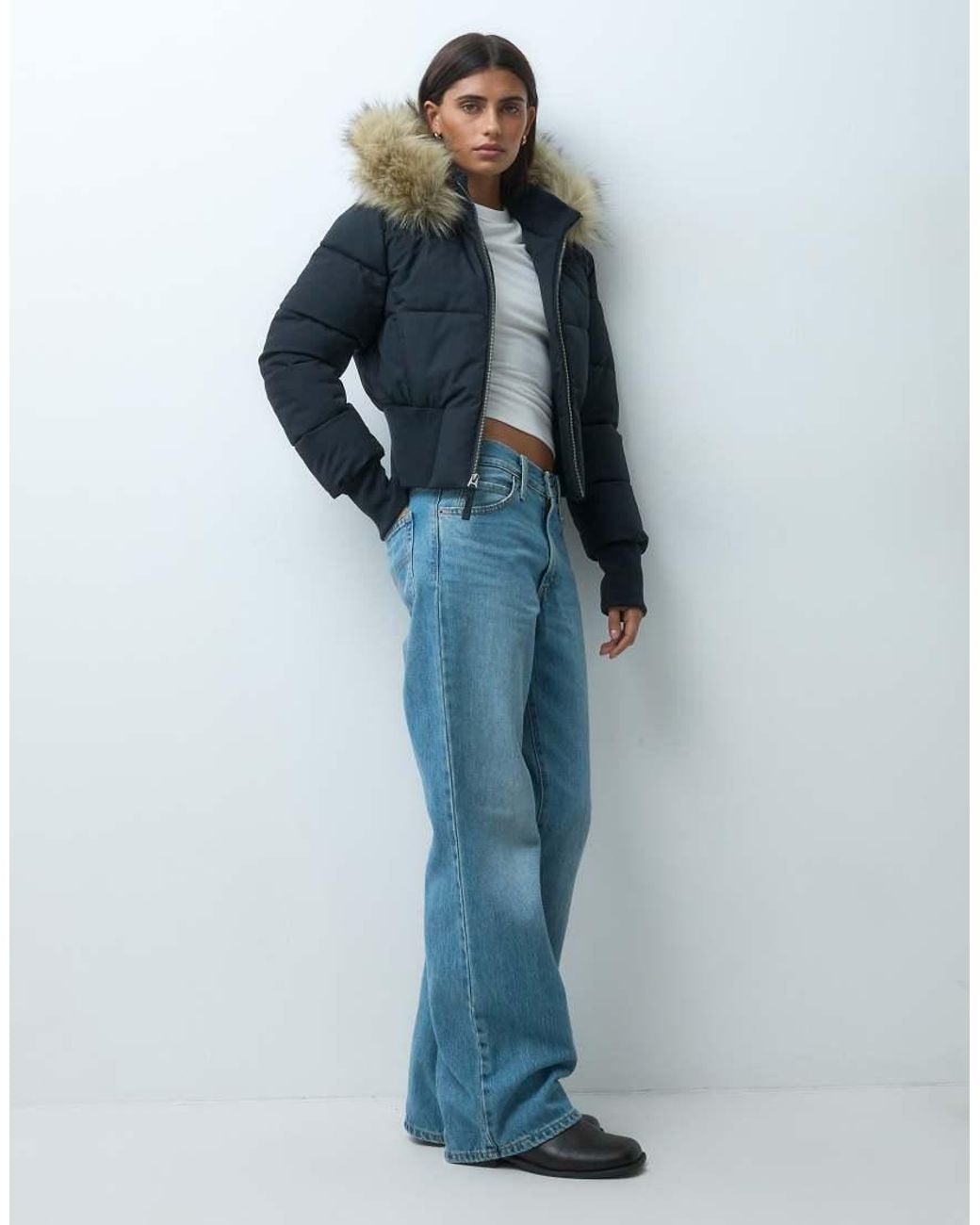 Hollister Blue Cropped Puffer Jacket With Faux Fur Hood