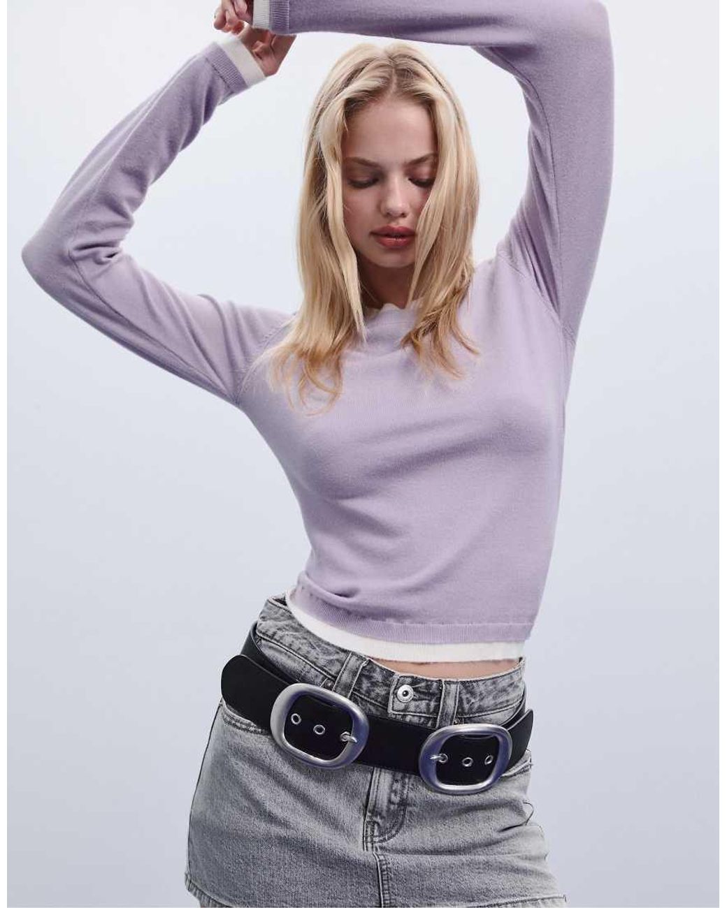 Stradivarius Purple Knit Sweater With Contrast Trim