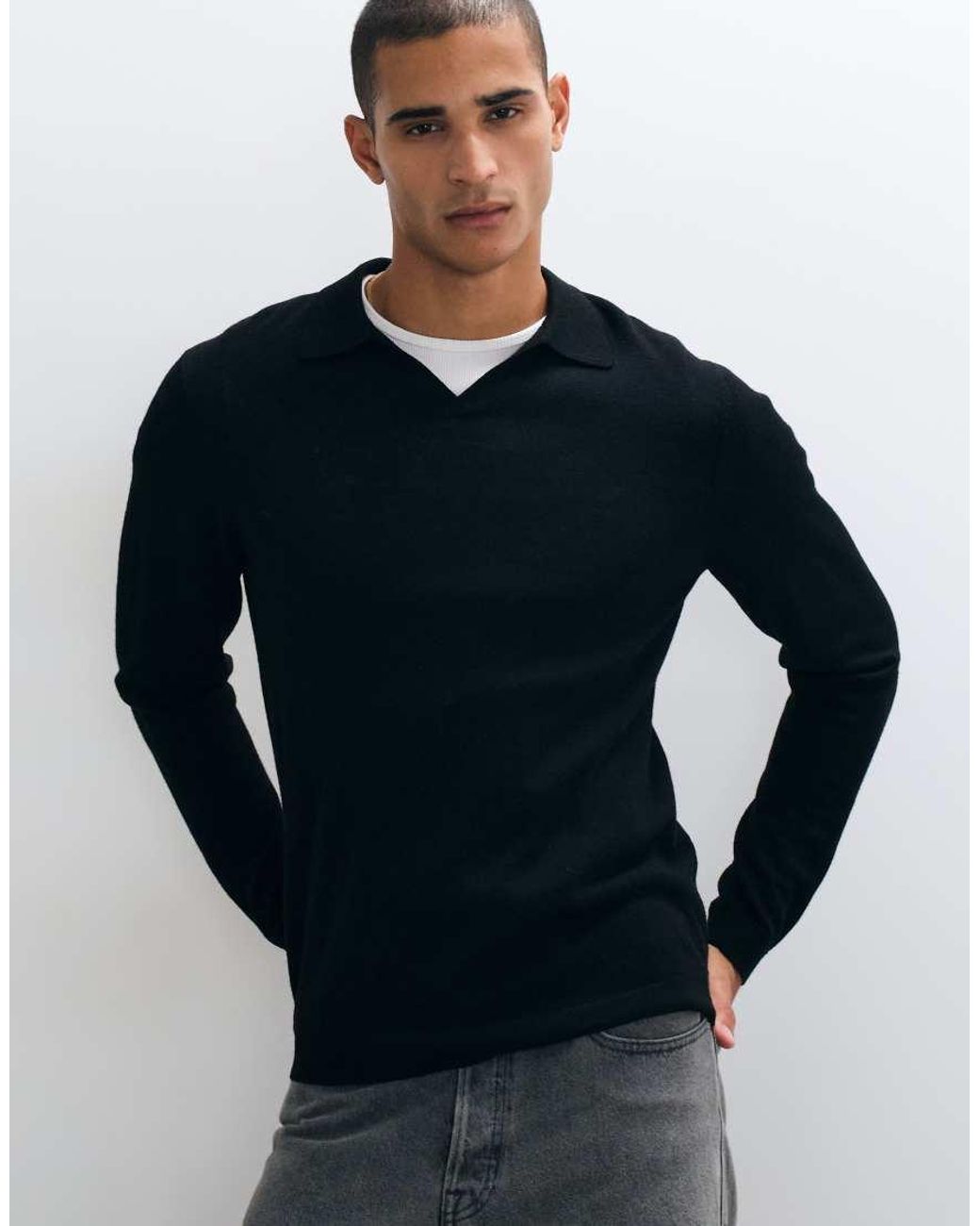 ASOS Black Knitted Long Sleeve Pure Merino Wool Notch Neck Polo for men