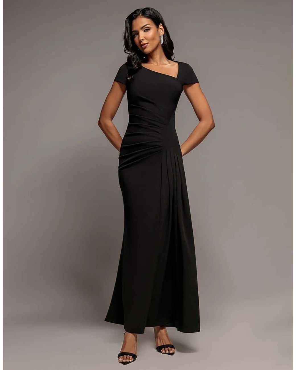 Goddiva Black Cap Sleeve Pleated Asymmetric Maxi Dress