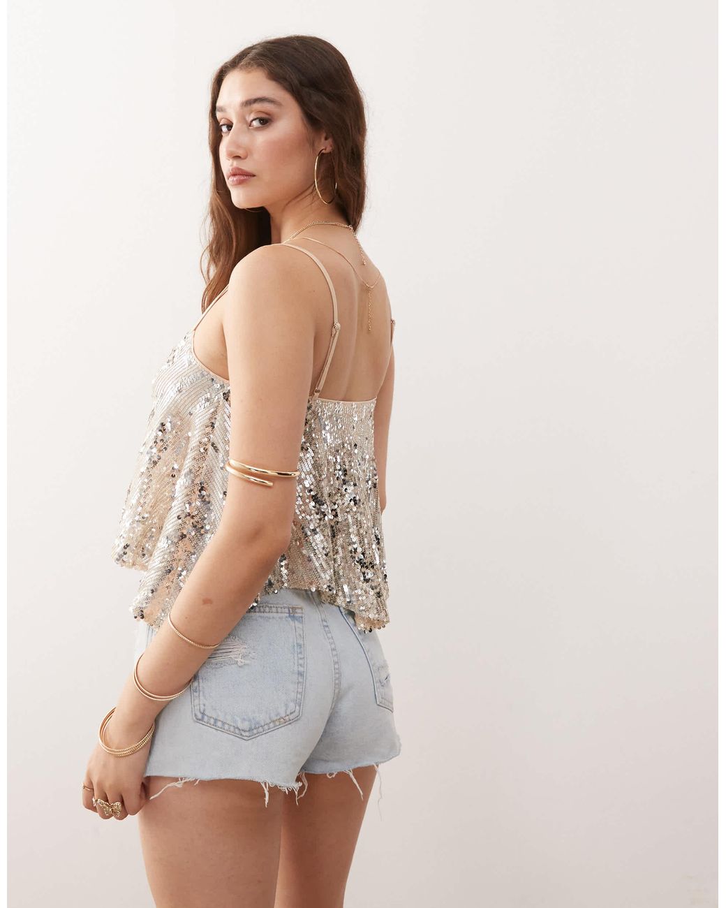 Miss Selfridge Metallic Sequin Structured Cami Top-gold