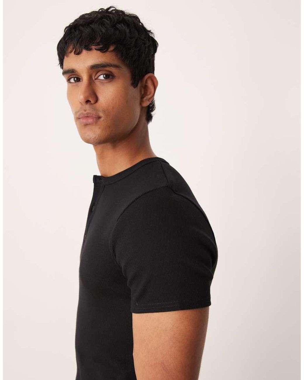 ASOS Black Super Heavyweight Muscle Fit T-shirt With Henley Neck for men