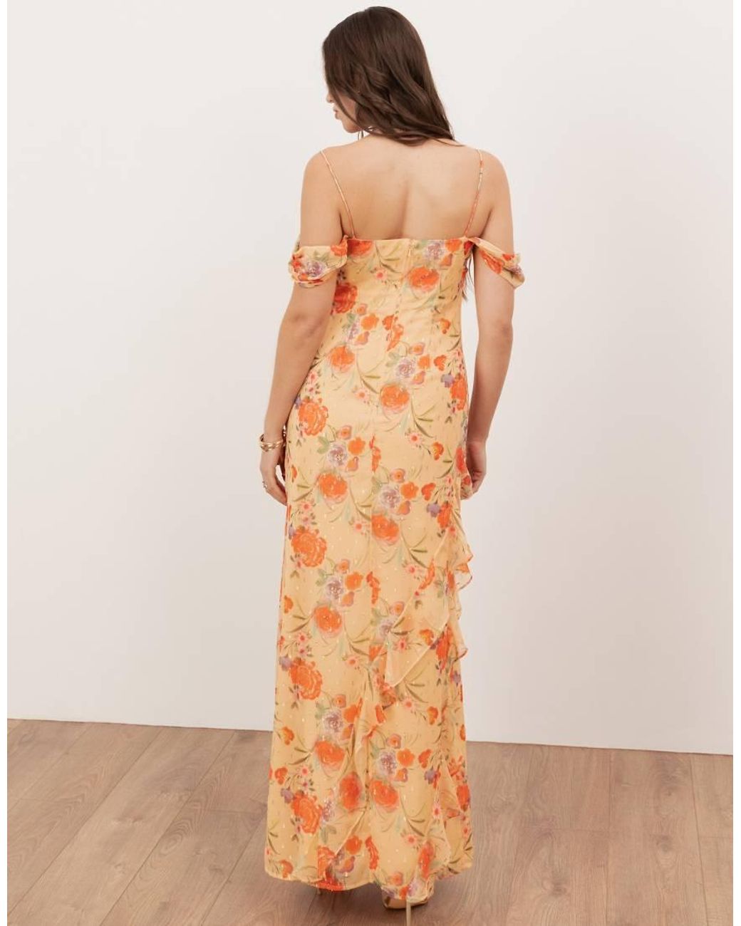ANAYA Pink Floral Print Cowl Neck Cold Shoulder Ruffle Maxi Dress