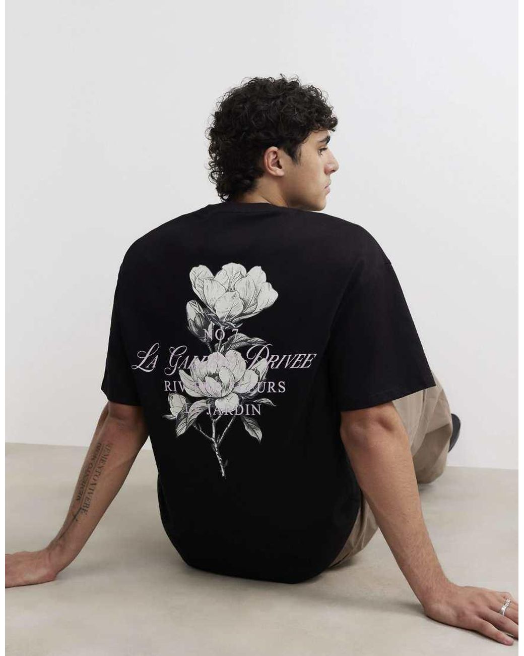 River Island Black Cotton Floral Print T-Shirt for men