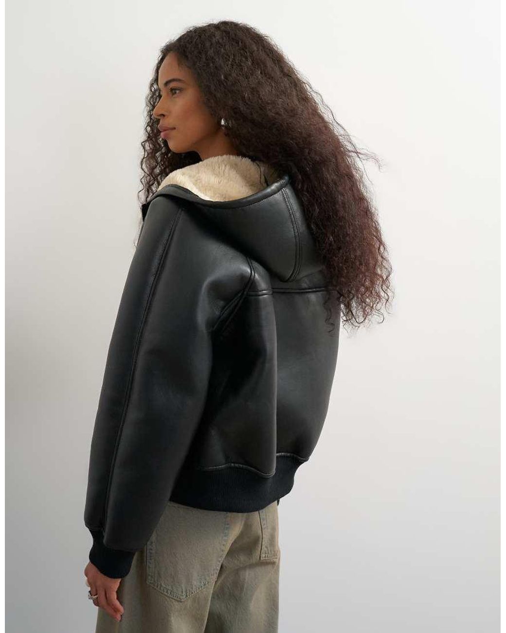 TOPSHOP Black Faux Leather Hooded Shearling Bomber Jacket