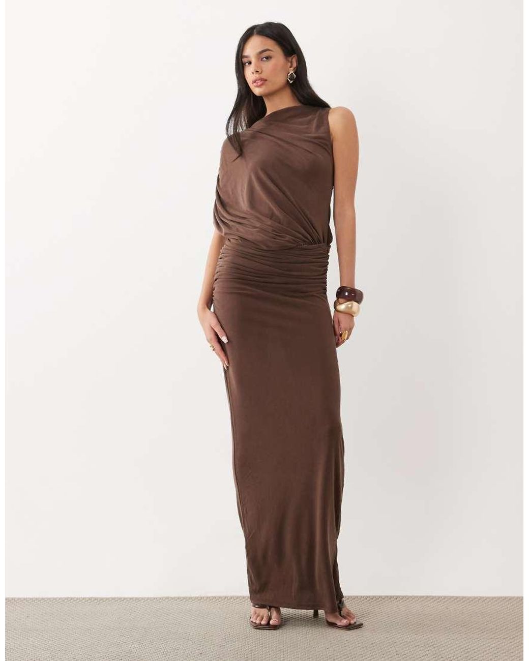 ASOS Brown High Neck Drape Short Sleeve Maxi Dress