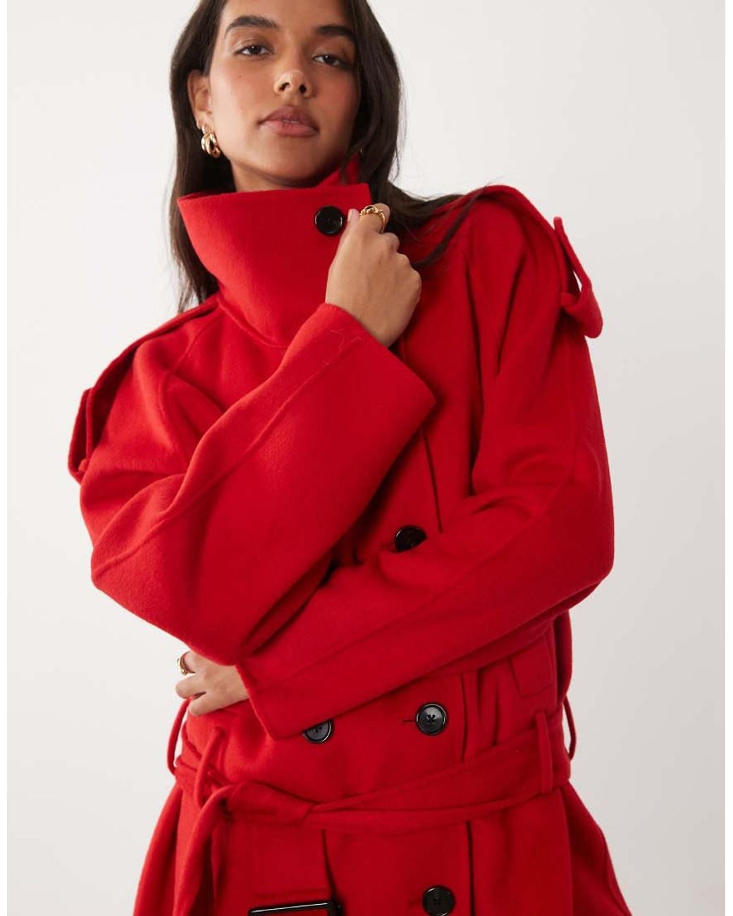 Mango Red Wool Mix Funnel Neck Coat