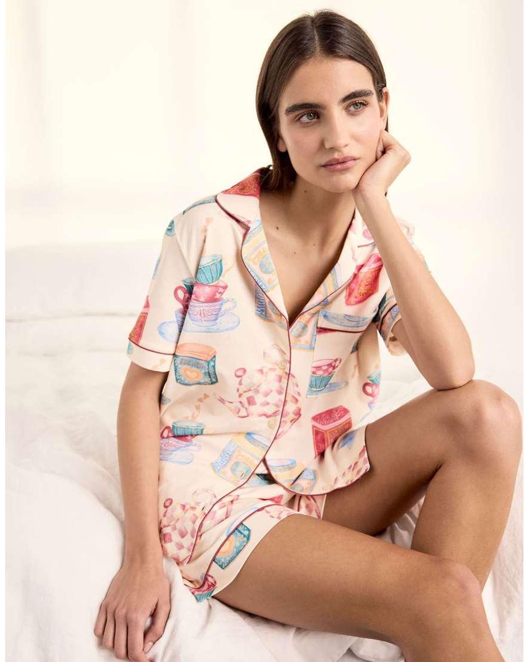 Chelsea Peers Natural Cotton Tea Party Print Short Pyjama Set