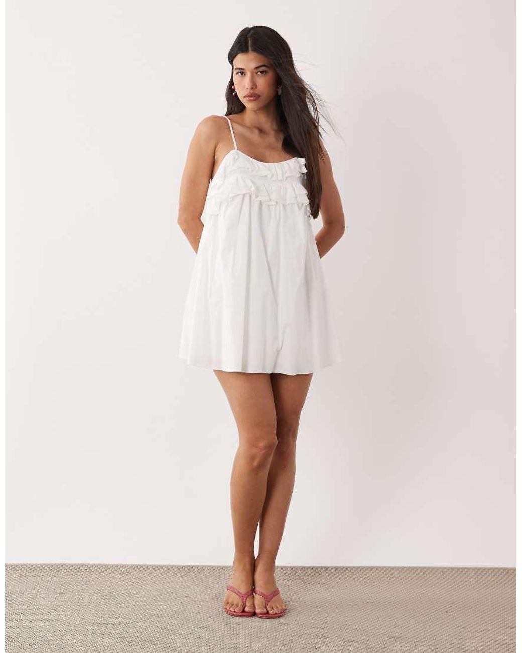 Fashionkilla White Exclusive Poplin Ruffle Hem Cami Top Babydoll Mini Dress
