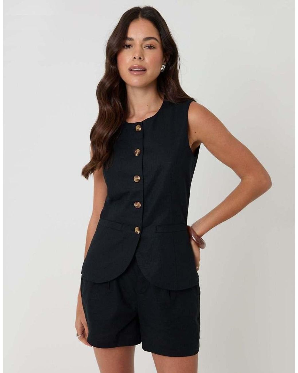 Threadbare Black Linen Blend Longline Waistcoat