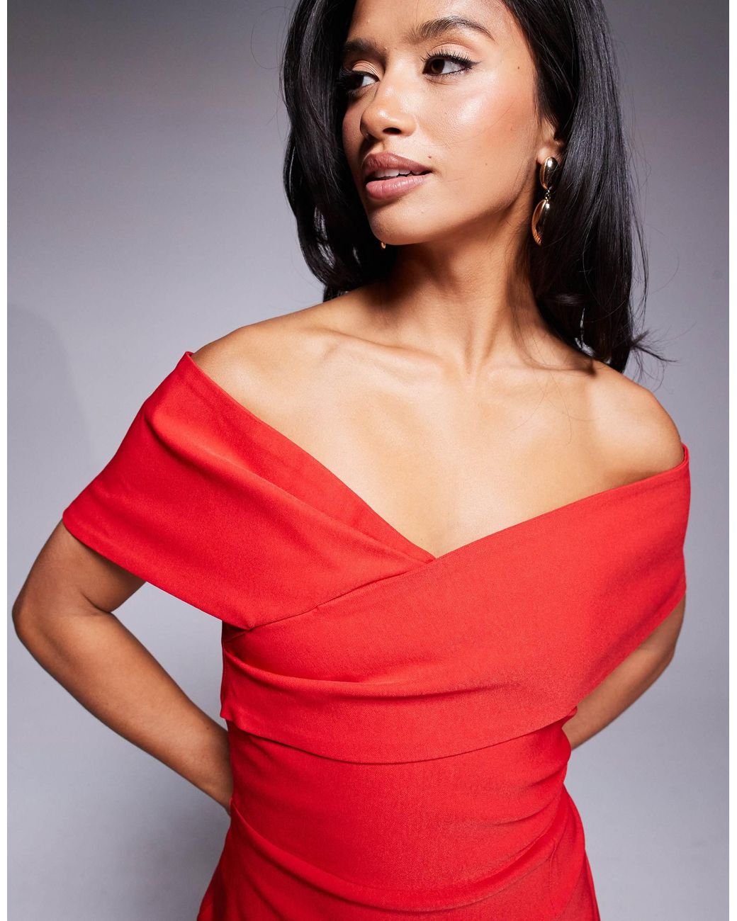 Vesper Petite Red – schulterfreies bengaline-midikleid