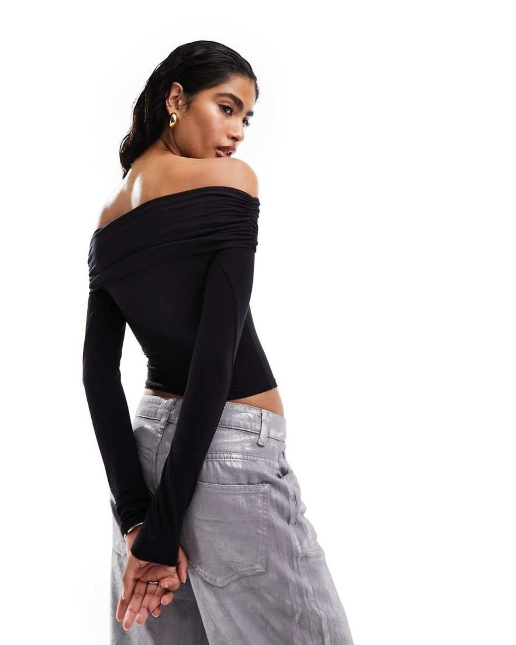 ASOS Black Slinky Bardot Long Sleeve Top
