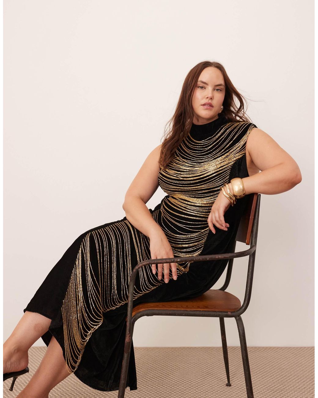 ASOS Curve Velvet Embellished Contour Draped Fringe High Neck Midi Dress in  Black | Lyst