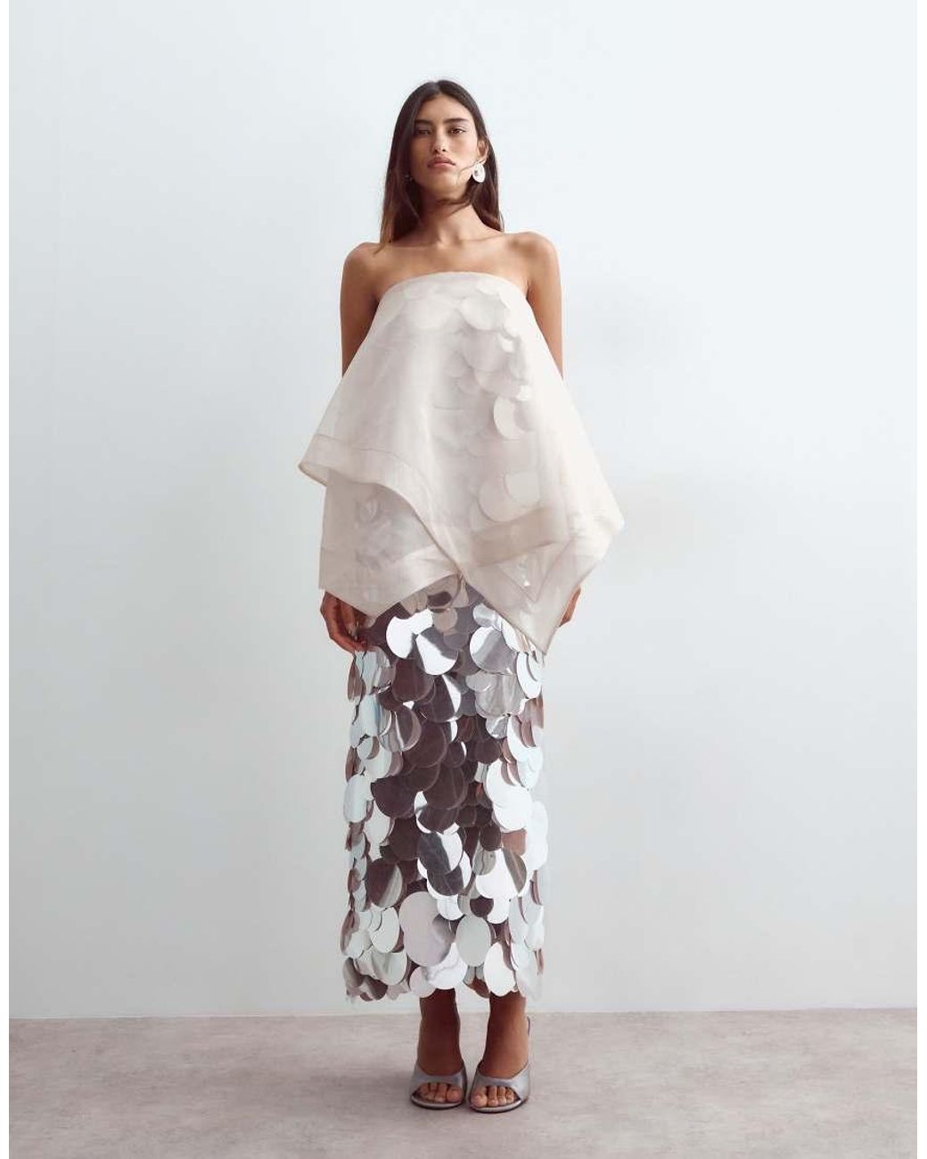 ARRANGE White Embellished Sequin Bandeau Maxi Dress With Overlayer