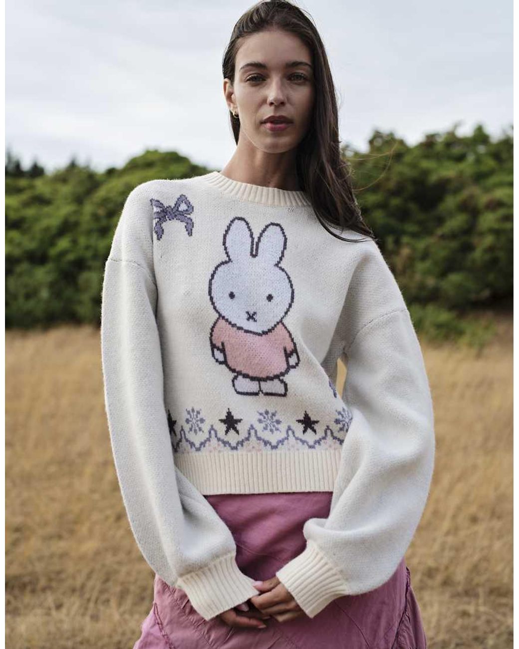 Daisy Street White X Miffy Oversized Knit Jumper With Fairisle Graphic