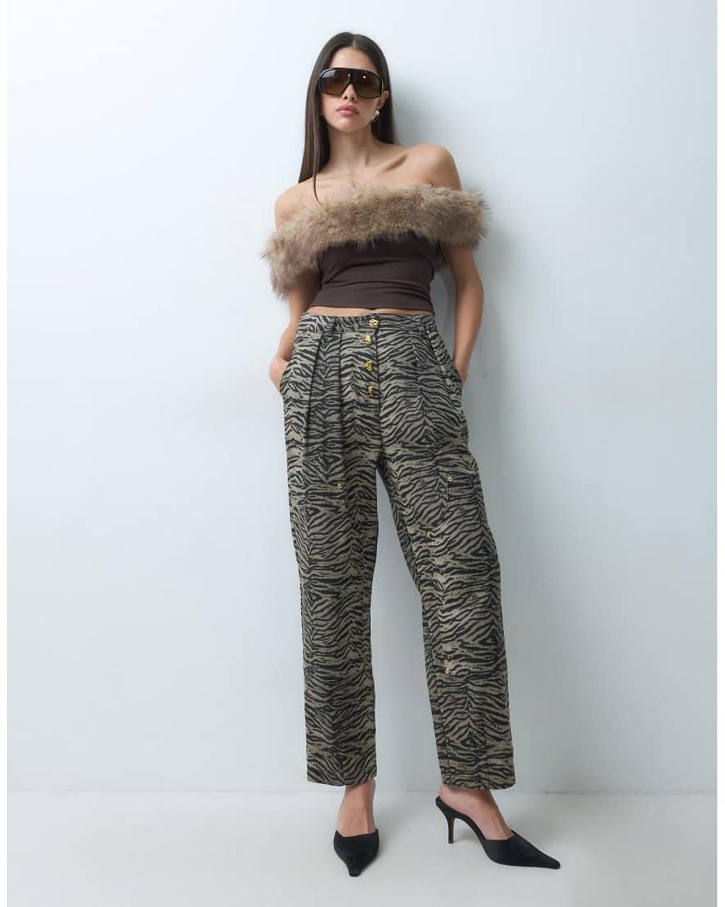 I.AM.GIA Brown Lora Bardot Faux Fur Trim Asymmetric Knitted Top