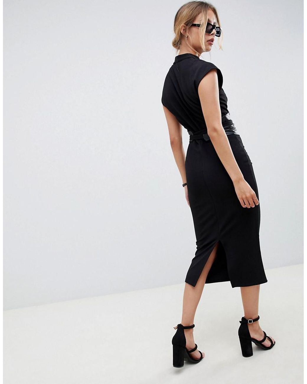 ASOS Denim Pencil Midi Dress With Faux 