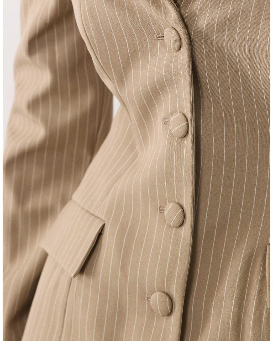 ASOS Natural Set Pinstripe Off Shoulder Long Sleeve Button Through Blazer