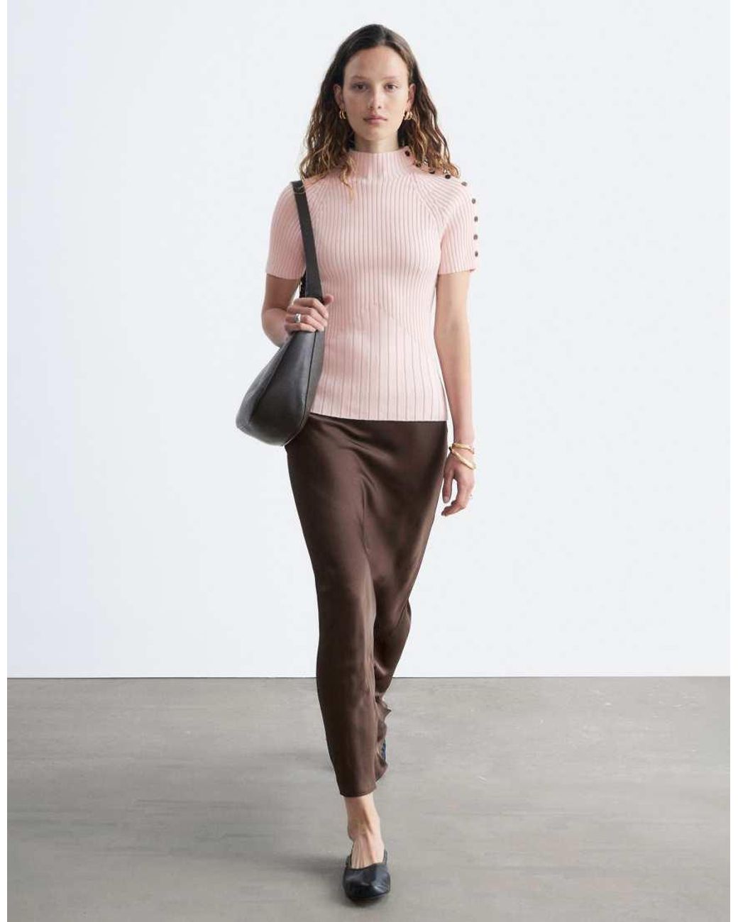 & Other Stories Pink Cotton Blend Short Sleeve Knitted Top With Shoulder Button Detail