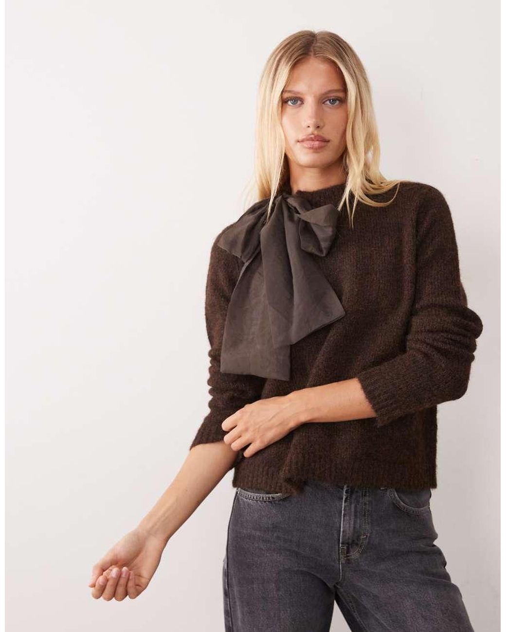 Vila Brown Organza Bow High Neck Knitted Jumper