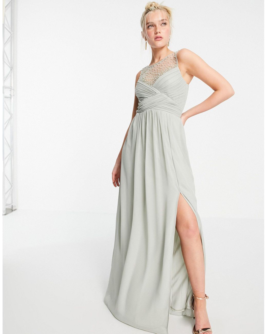 Little Mistress Embellished Yolk Pleated Maxi Dress in Green | Lyst Canada