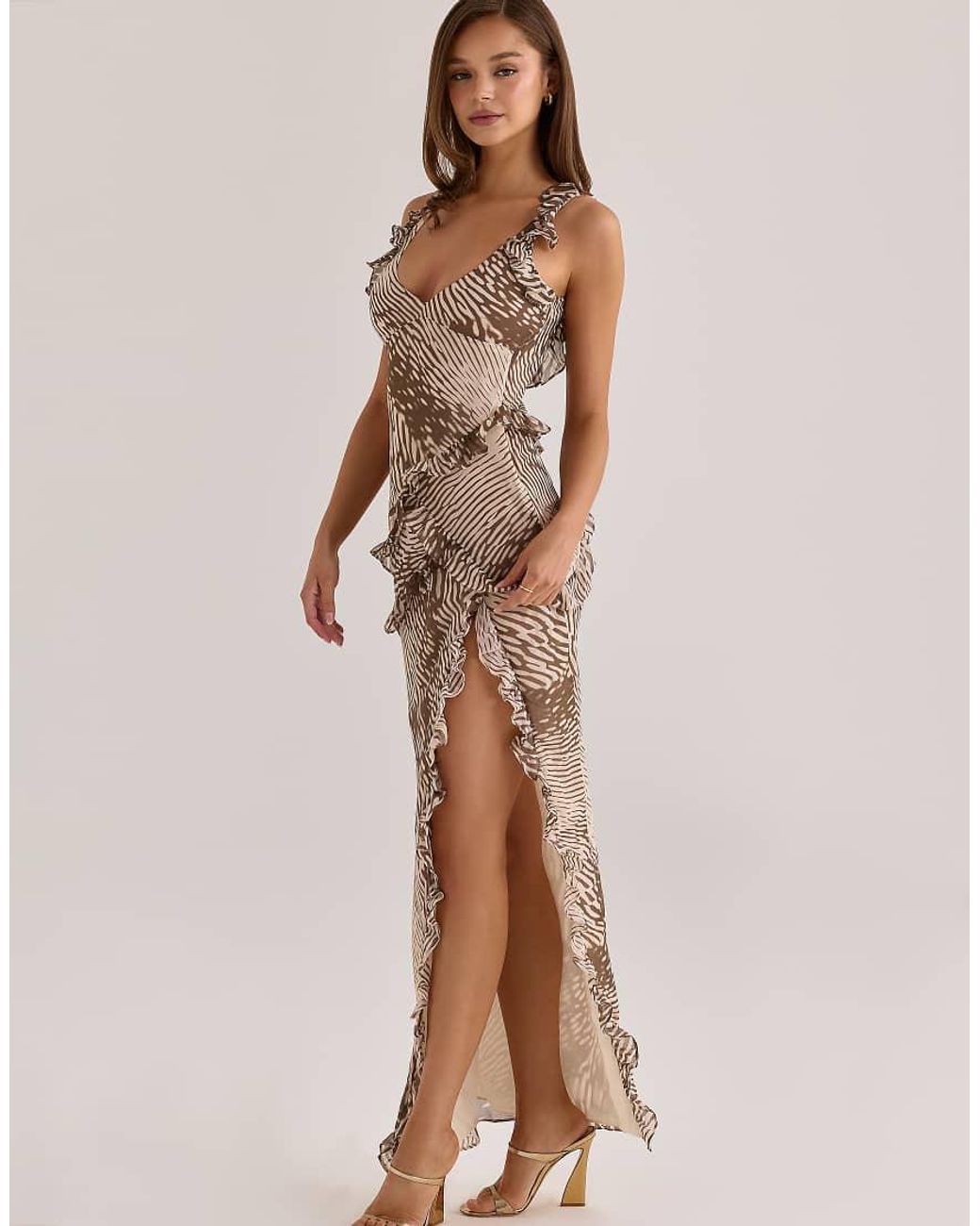 House Of Cb Natural Pixie Printed Georgette Ruffle Maxi Dress