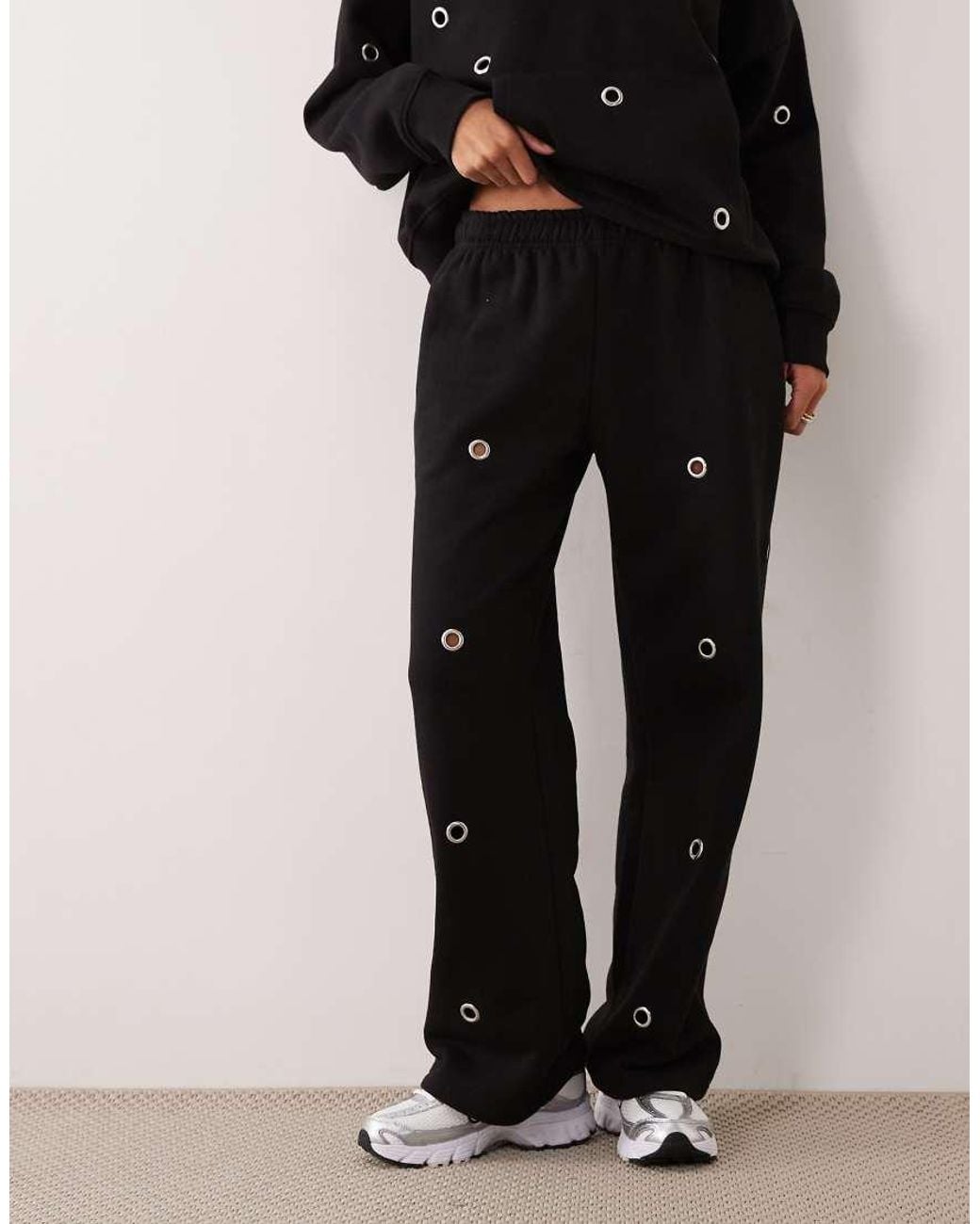 Kaiia Black Cotton Rich Eyelet Front Wide Leg Trackies