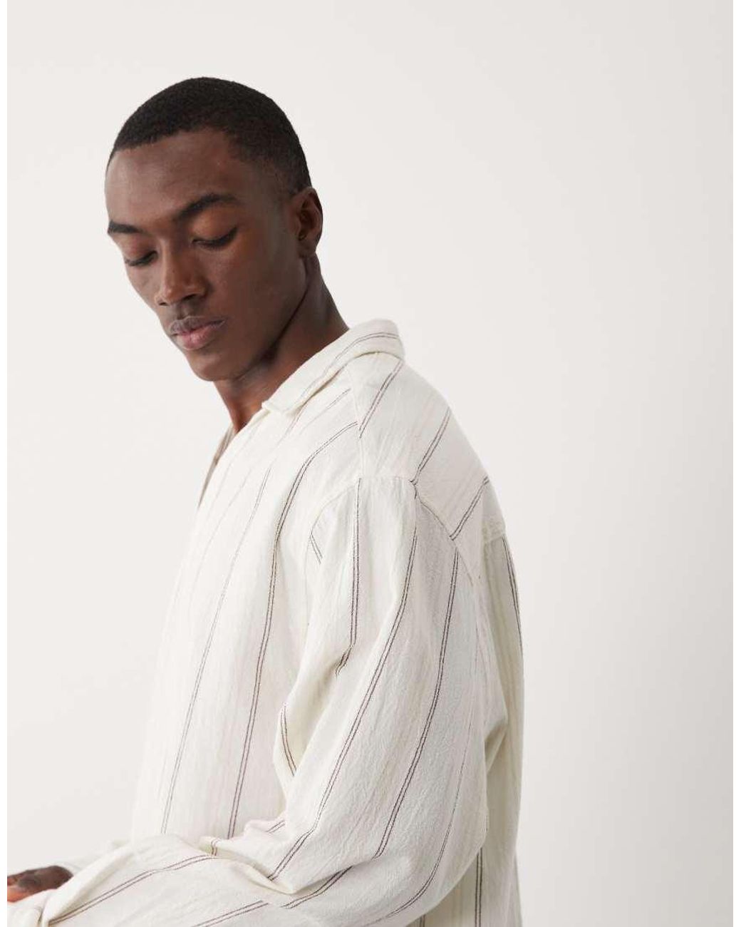 ASOS Natural Oversized Overhead Linen Look Stripe Shirt for men