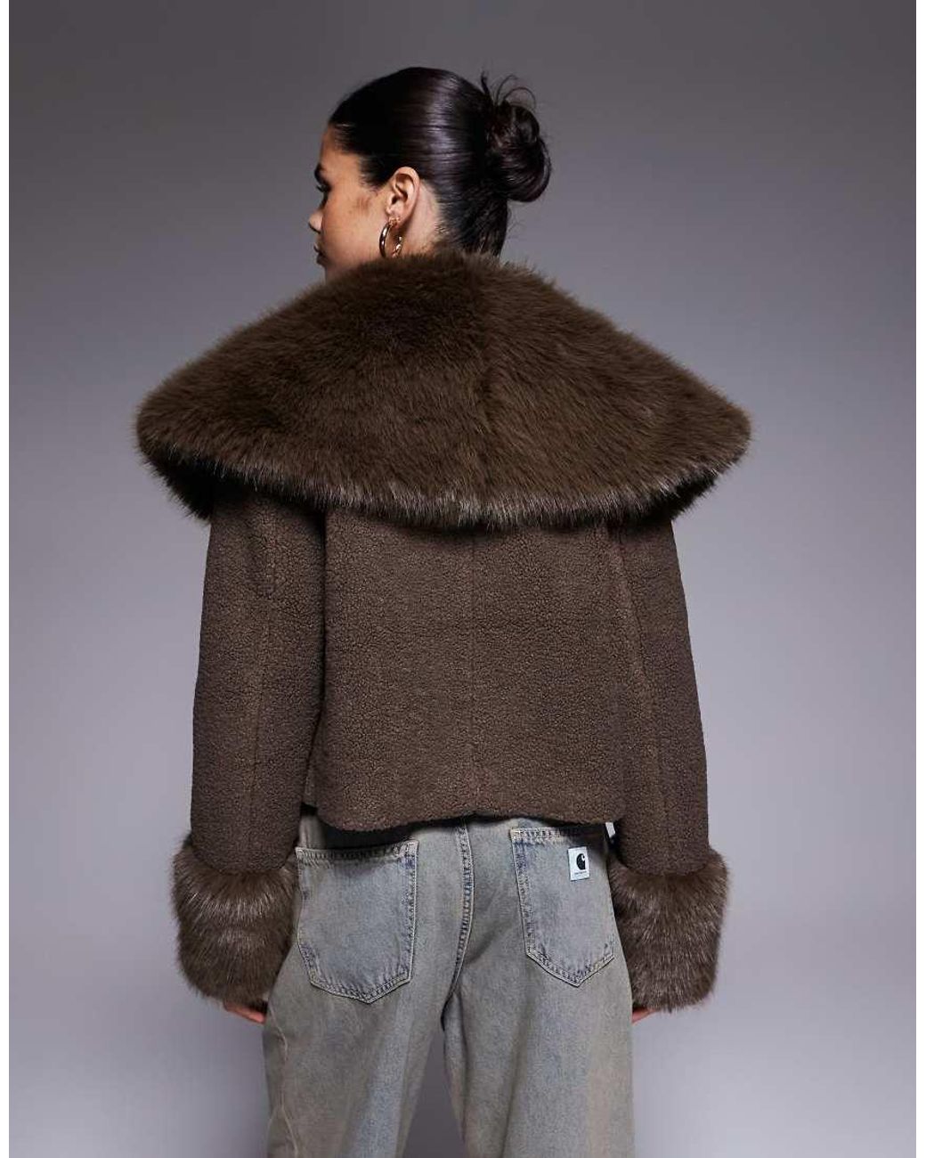 The Frolic Gray Exclusive Boucle Faux Fur Oversized Collar And Cuff Detail Jacket