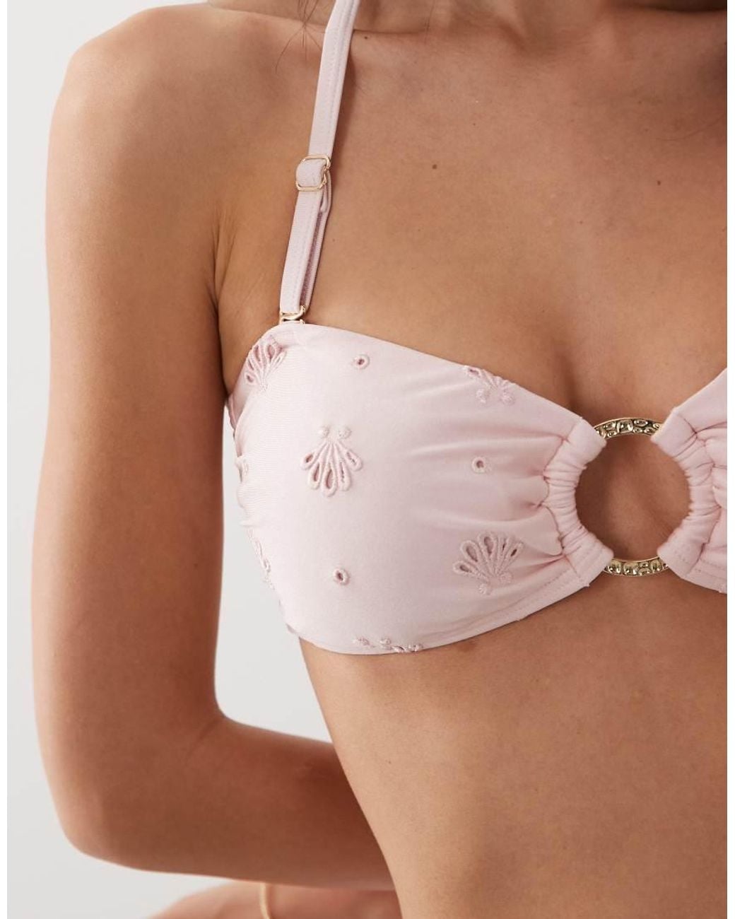New Look Brown Bandeau Broderie Ring Detail Bikini Top