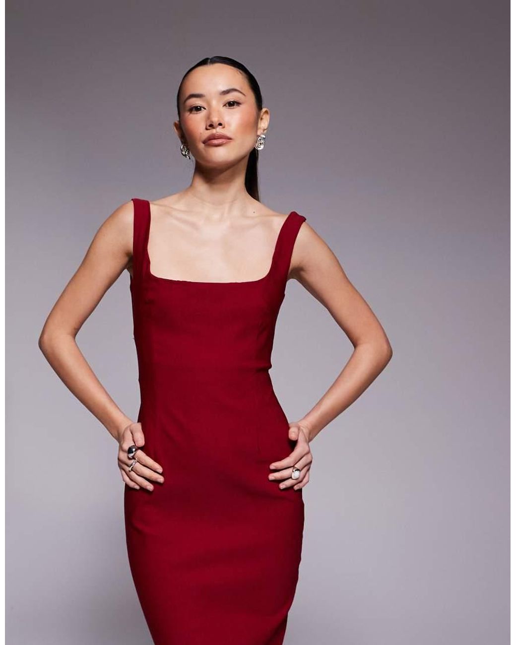 Vesper Petite Red Bengaline Square Neck Bodycon Midi Dress