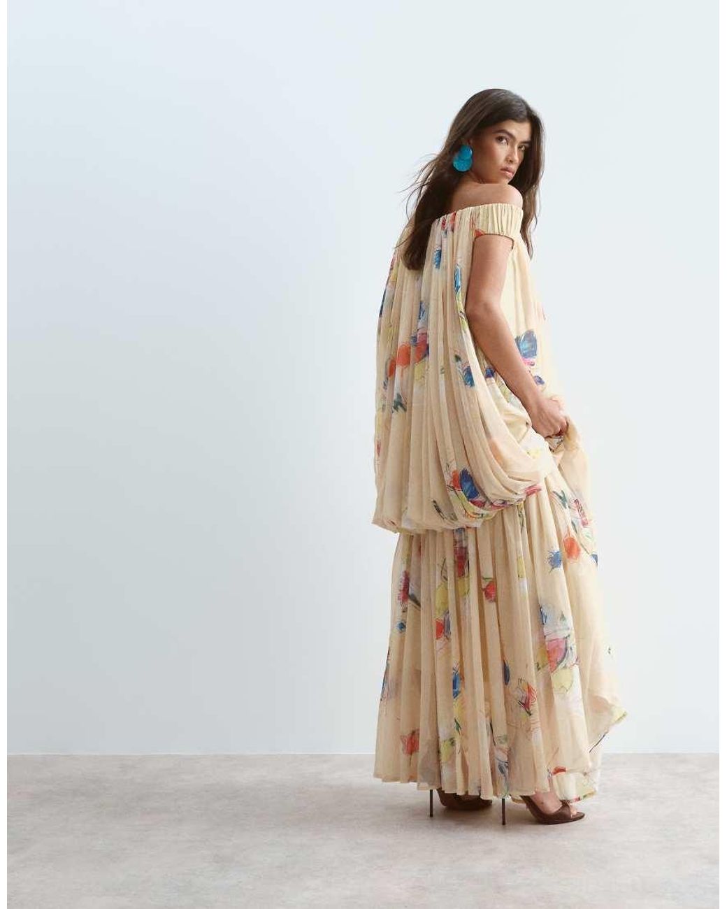 ARRANGE Natural Trapeze Bardot Maxi Dress With Cape Back