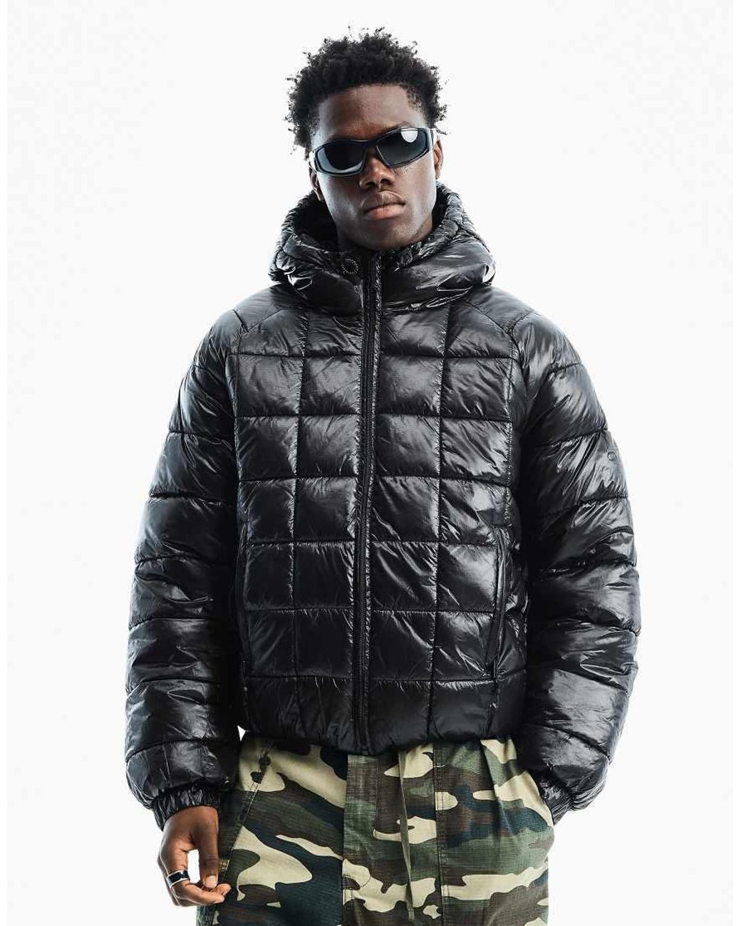 Bershka Gray Grid Quilted Jacket for men
