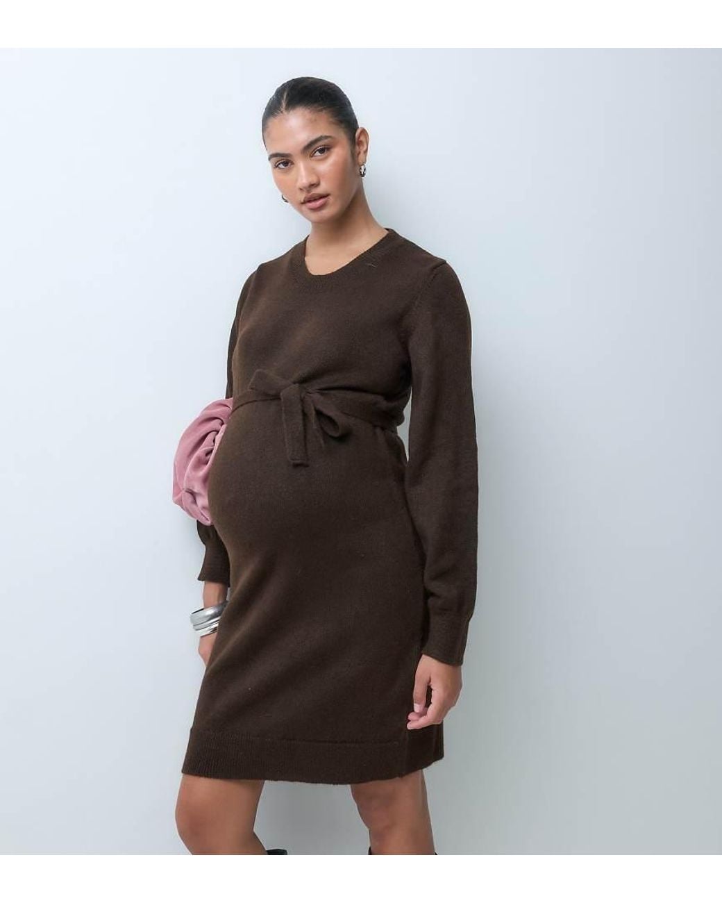 Mama.licious Brown Mamalicious Maternity Knitted Midi Dress With Belt