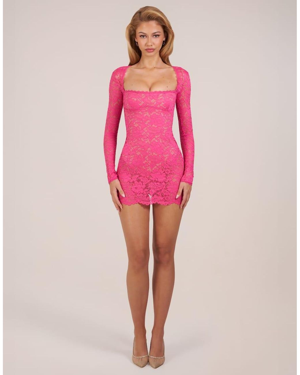 Oh Polly Pink Lace Square Neck Long Sleeve Mini Dress