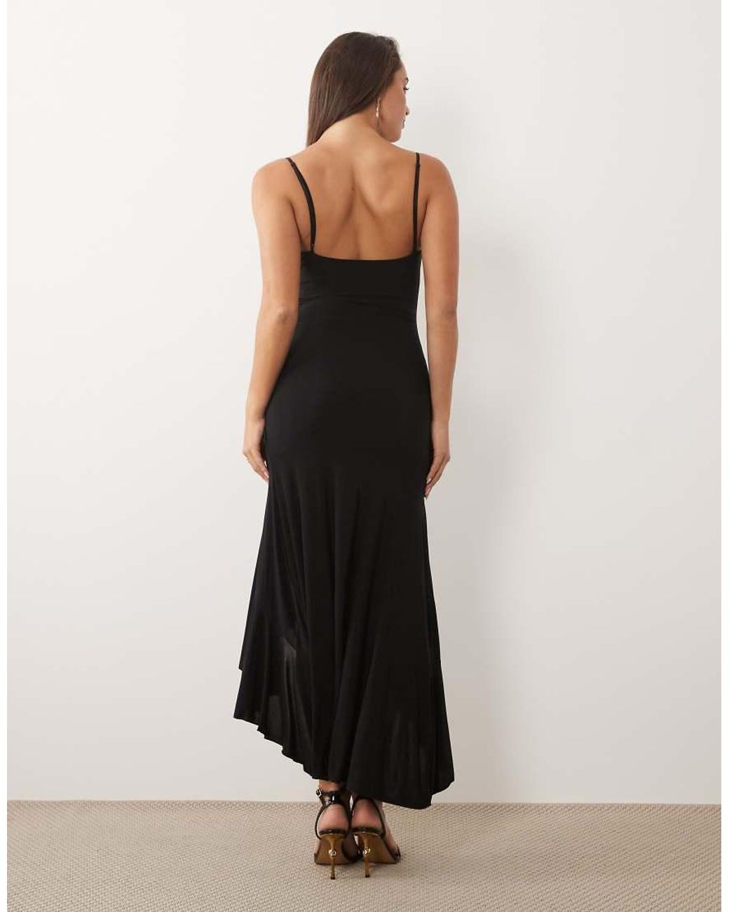 Fashionkilla Black Exclusive Double Sculpted Slinky Cami Ruffle Front High Low Maxi Dress