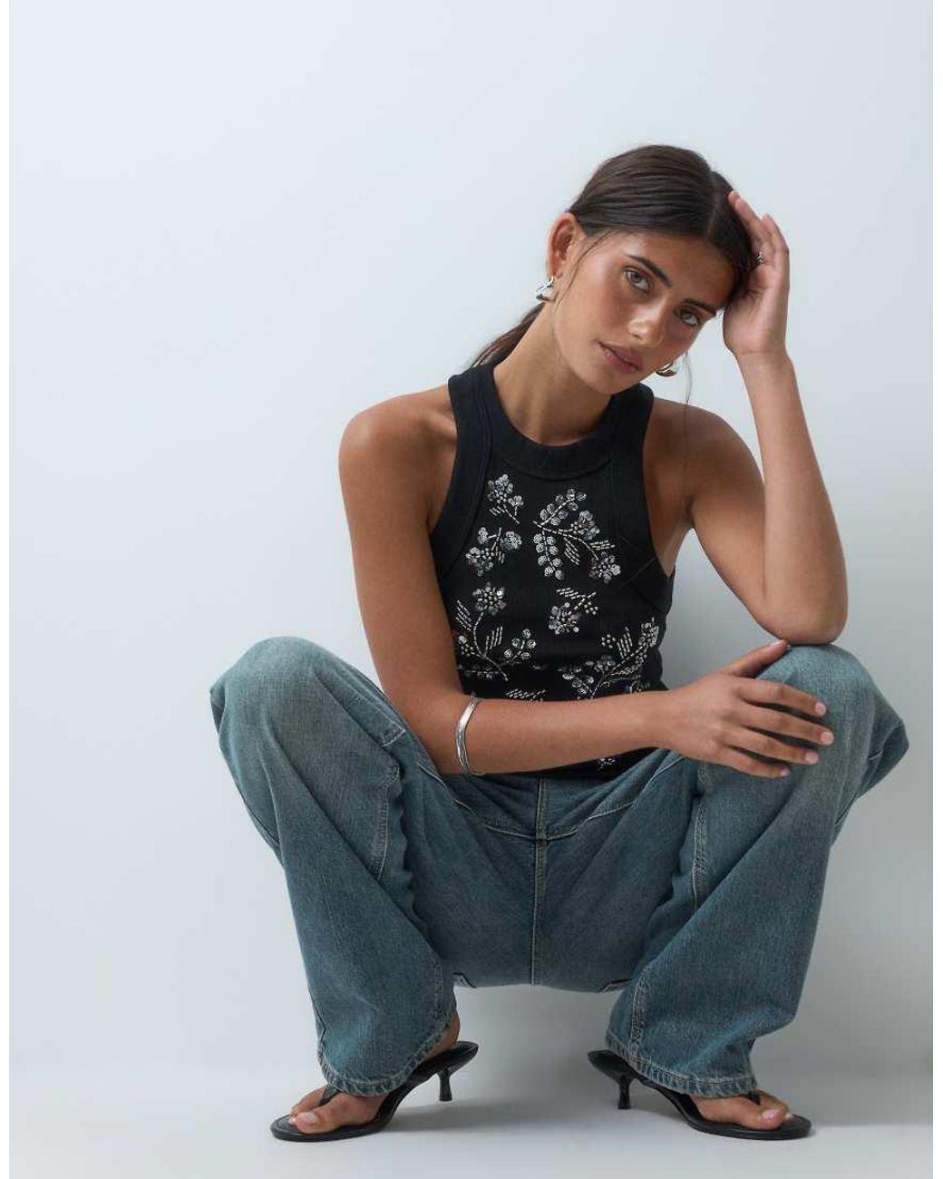Miss Selfridge Black Festival Embellished Racer Vest Top