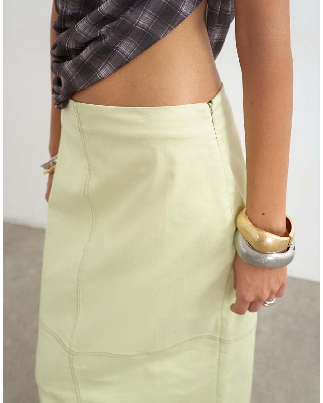 TOPSHOP Green Column Midi Skirt With Contrast Stitch Detail