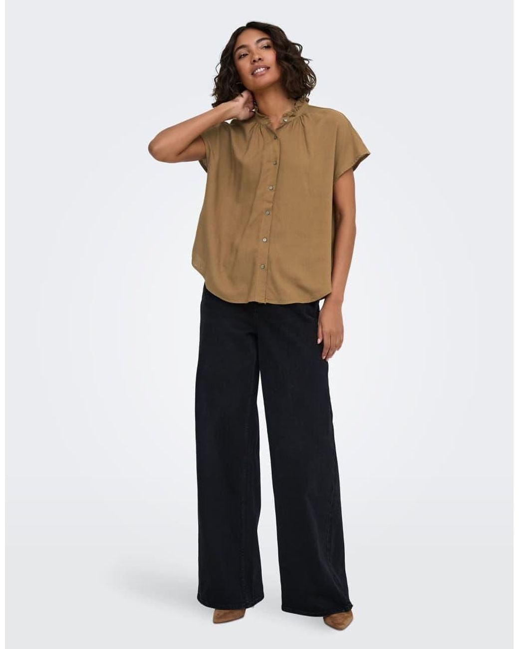 ONLY Natural Sitala China Collar Short Sleeve Top