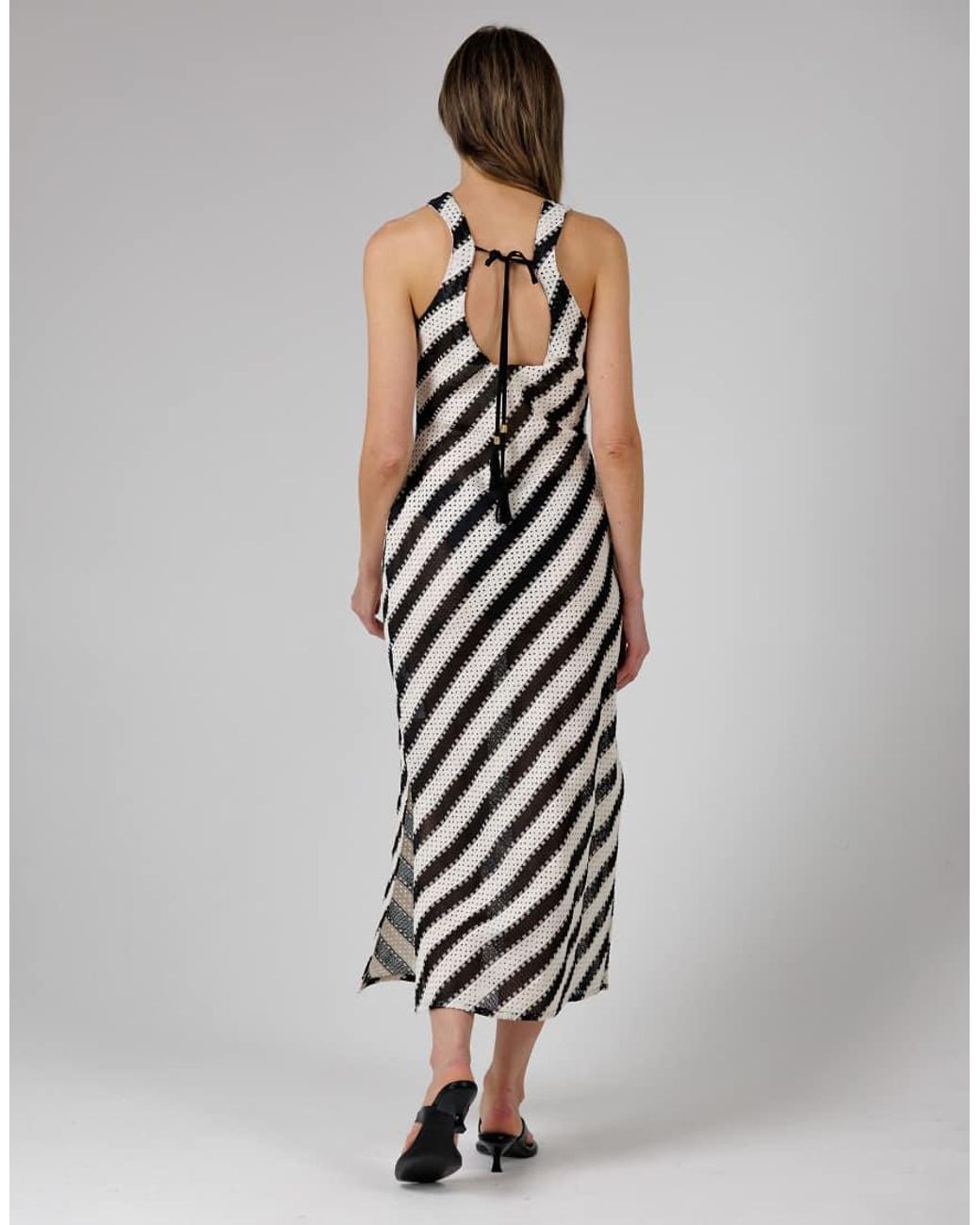 French Connection Gray Beach Cotton Blend Stripe Crochet Scoop Neck Tie Back Midi Dress