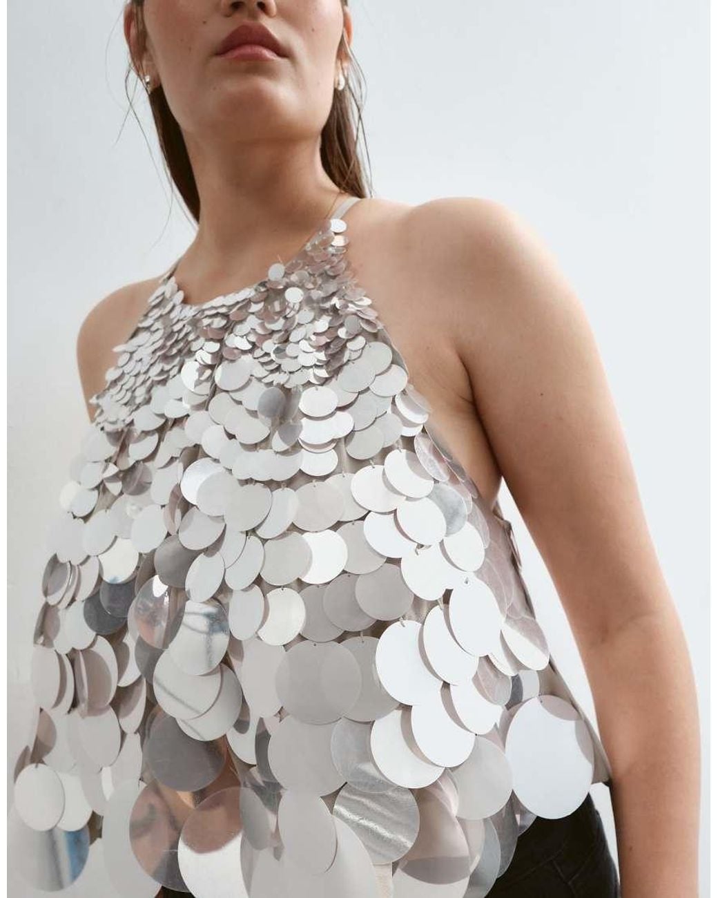 ARRANGE White Curve Mirror Disc Sequin Trapeze Halter Top