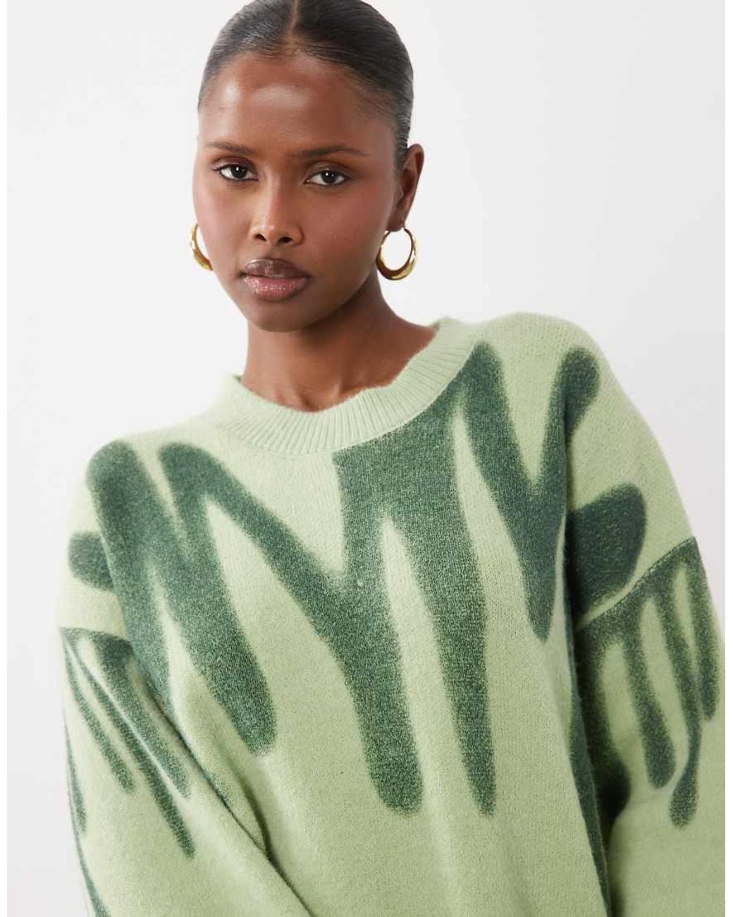 Kiwi & Co Green Poplar Crew Neck Paint Spill Look Oversized Sweater