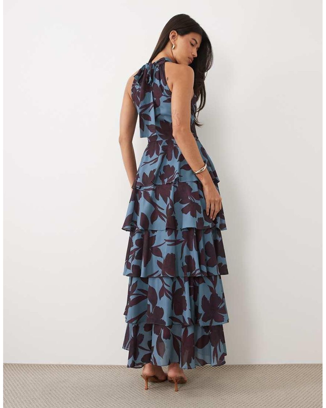Pretty Lavish Blue Chiffon Halter Neck Keyhole Detail Tiered Maxi Dress