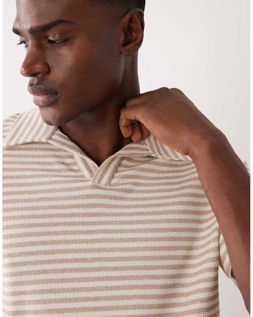 Mango Natural Cotton Rich Camp Collar Striped T-shirt for men